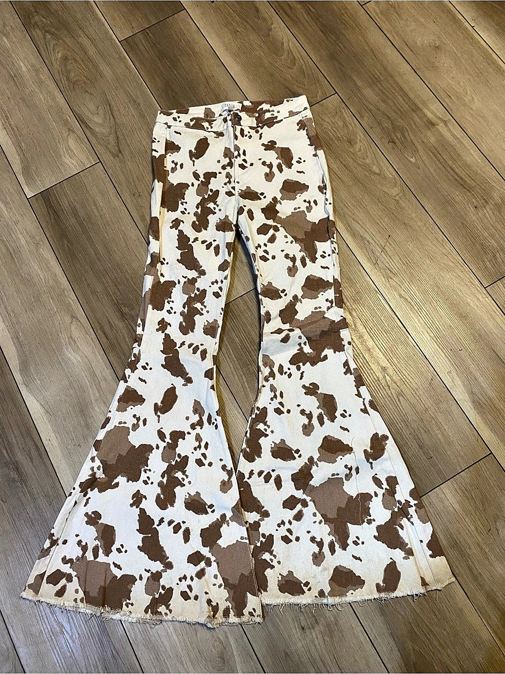 Peach Love Cow Print Flare Pants in Brown & White Size Medium